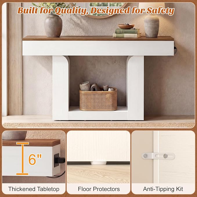 Homieasy Console Table, 47" Entryway Table with LED Lights & Charging Station, Farmhouse Wooden Sofa Table Behind Couch, Narrow Hallway Table for Living Room, Foyer, Entry, Antique White & Brown