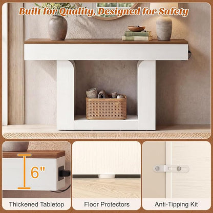 Homieasy Console Table, 47" Entryway Table with LED Lights & Charging Station, Farmhouse Wooden Sofa Table Behind Couch, Narrow Hallway Table for Living Room, Foyer, Entry, Antique White & Brown