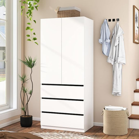 Armoire Wardrobe Closet with Drawers：75" Large White Wardrobe Closet Cabinet with 2 Doors for Hanging Clothes, Modern Wooden Bedroom Armoires with 3 Drawers and Storage (B-Style, 31.5")