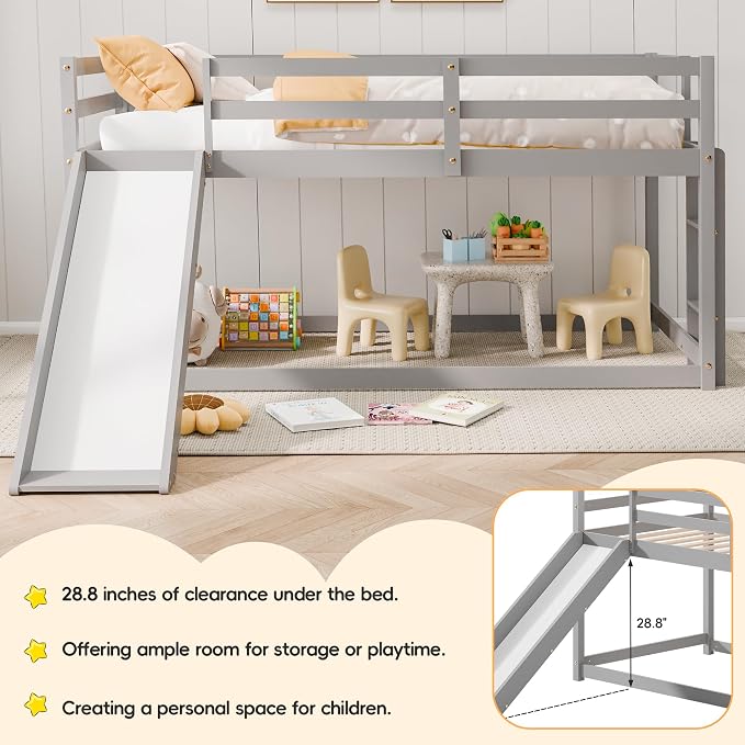 Bunk Bed with Slide, Wooden Bed Frame for Kids, Low Loft Bunk Bed Twin Over Twin with Ladders, Safety Guardrails for Kids, Toddlers, Boys, Girls, Teens, Bedroom (Grey)