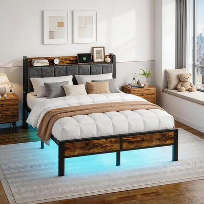 Liians Full Size LED Bed Frame with Charging Station and Storage Headboard, Metal Platform Bed, No Box Spring Needed, Easy Assembly, Noise Free