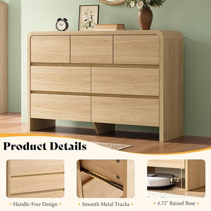 AMERLIFE Modern 3-Piece Bedroom Furniture Set with 7-Drawer Dresser and 2 Nightstands, Large Storage Capacity, Rounded Corners, Flexible Combination Design, Anti-Tip Kit Included, Light Oak