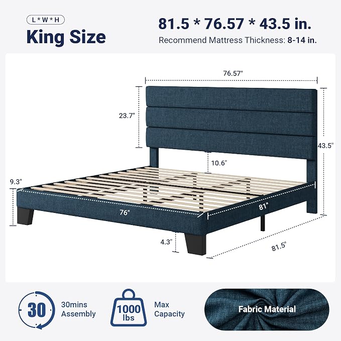 Allewie King Size Platform Bed Frame with Fabric Upholstered Headboard and Wooden Slats Support, Fully Upholstered Mattress Foundation/No Box Spring Needed/Easy Assembly, Navy Blue