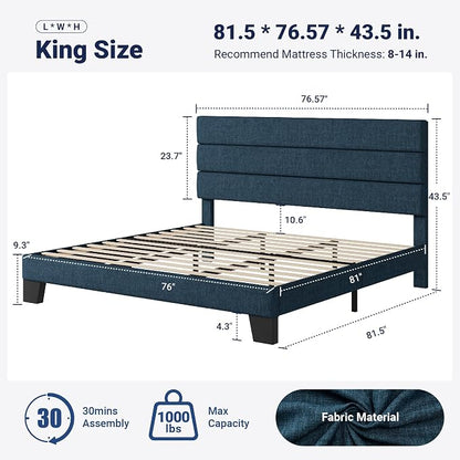 Allewie King Size Platform Bed Frame with Fabric Upholstered Headboard and Wooden Slats Support, Fully Upholstered Mattress Foundation/No Box Spring Needed/Easy Assembly, Navy Blue