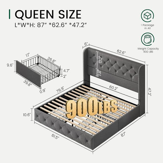 LARMACE Queen Size Platform Bed Frame with 4 Storage Drawers and 47.2" Tall Tufted Headboard Linen Upholstered Bed Wingback Bed Frame with Wooden Slats Support, Easy Assembly, Light Grey