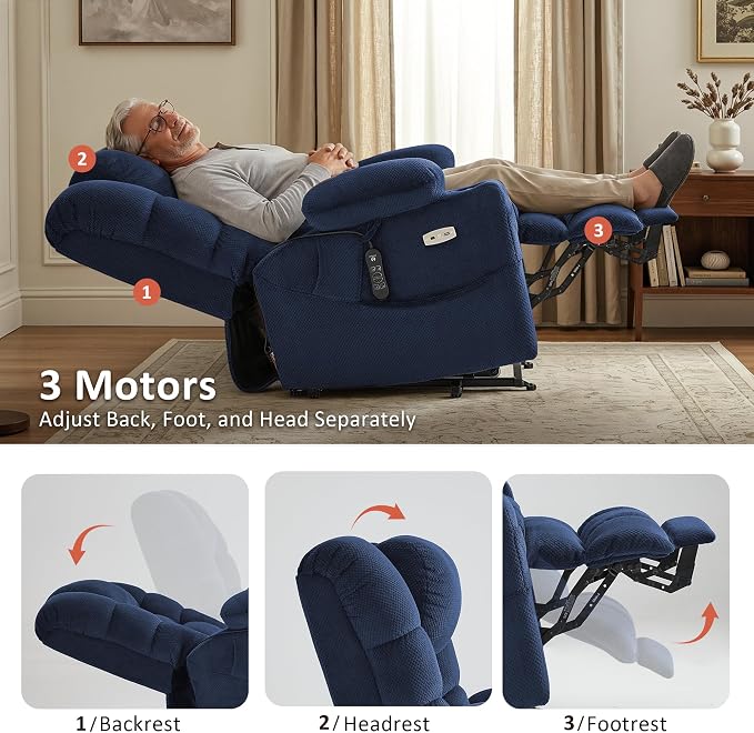 MCombo Triple Motor Lay Flat Power Lift Recliner Chair for Tall Elderly, Infinite Position, Massage, Dual Heating, Adjustable Headrest, Fabric 7634 (Navy Blue, Large)