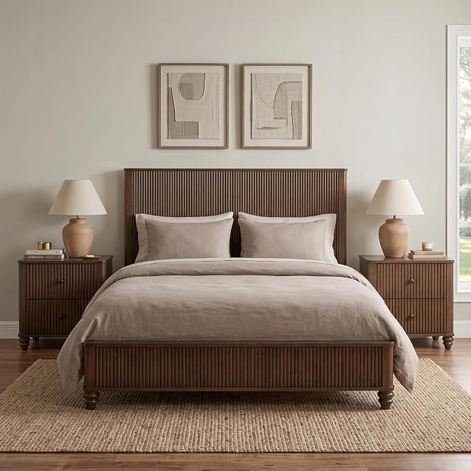 3 Pieces Bedroom Set, Queen Size Wood Bed Frame with 2 Storage Nightstands | Mid-Century Modern,Furniture,Headboard & Footboard,Wooden Slats Support,No Box Spring Needed, Noise Free, Easy Assembly