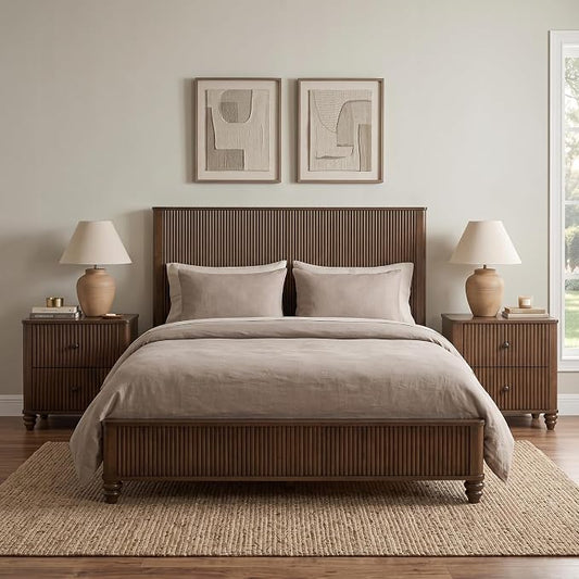 3 Pieces Bedroom Set, Queen Size Wood Bed Frame with 2 Storage Nightstands | Mid-Century Modern,Furniture,Headboard & Footboard,Wooden Slats Support,No Box Spring Needed, Noise Free, Easy Assembly