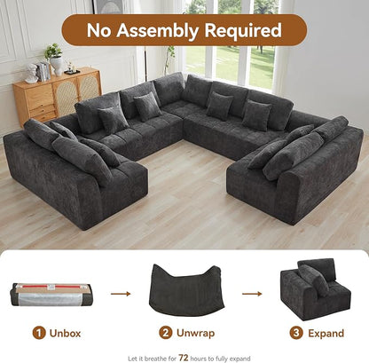 140'' Boneless Modular Couches for Living Room, Compressed Cloud Sectional Modern Sofa, U Shaped 9 Seater Upholstered Memory Foam Oversized Sofa, No Assembly, Chenille Grey