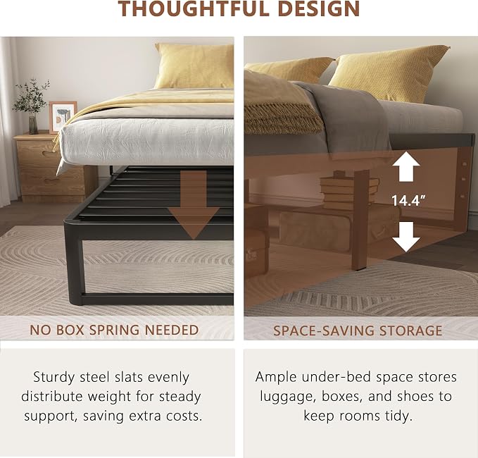 ZTH Full Size Metal Platform Bed Frame 16 in, No Box Spring Needed, Black | Heavy duty support, Underbed storage, Noise-free design, Anti-slip clips, Rounded legs, Easy assembly, Headboard compatible