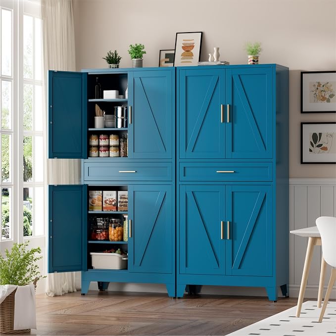 Metal Storage Cabinets with Drawer, 71" Filing Cabinet with 4 Adjustable Shelves & 4 Doors, Modern Abstract Rhombus Geometric Design File Cabinet for Home,Office,Garage,Shop,School, Blue