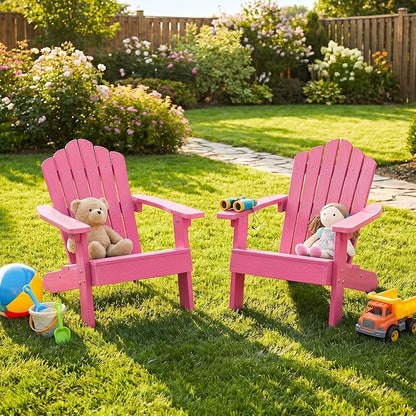 Costzon Kids Adirondack Chair, All-Weather HIPS Toddler Outdoor Chair, Wooden Textured Plastic Fire Pit Chair, Kids Patio Chair for Backyard Lawn Garden, Fits Children Age 3-7 Years (4, Pink)