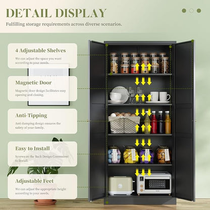 RAVIGIN Metal Storage Cabinet,71" H Pantry Cabinet with 2 Doors and 5 Adjustable Shelves,6 Tier Tall Kitchen Storage Cabinets for Kitchen,Pantry,Living/Study/Laundry Room(Black)