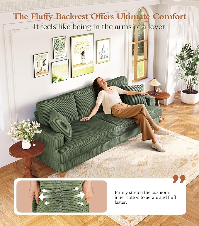 Kidirect 87in L Shaped Couch, Modular Sofa No Tool Assembly, Comfy Sectional Couches for Living Room 21" Deeper Seats, Corduroy Sofas for Living Room &2 Pillows, Loveseat Sofa Set, Oliver Green Couch