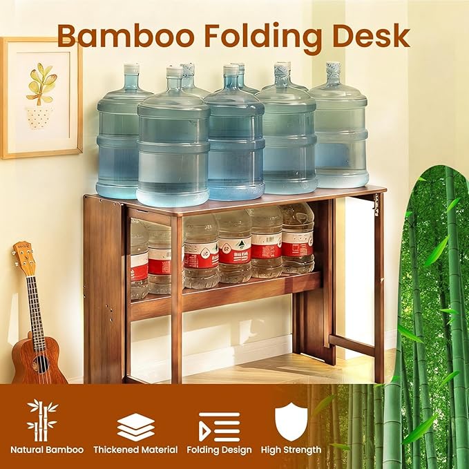 Bamboo Foldable Desk, 41" Folding Bamboo Desk for Small Spaces, Mid Century Small Computer Desks with Bookshelf, Wooden Desks for Home Bedroom Study Office, Brown
