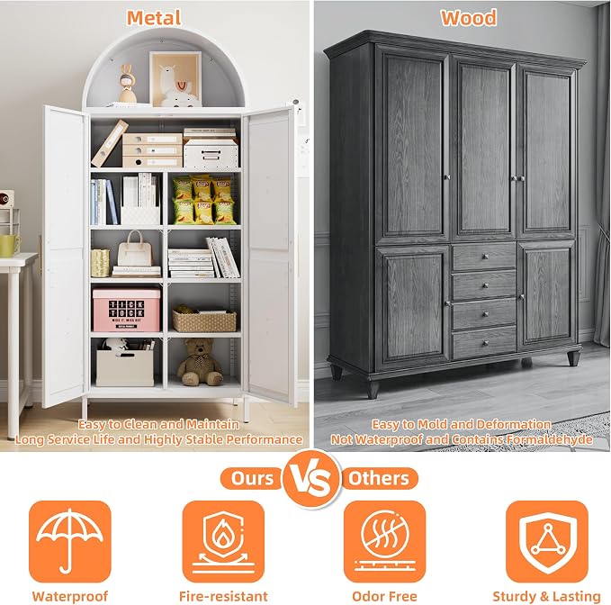 Metal Arched Pantry Cabinet with 6 Adjustable Shelves,Tall Arched Cabinet with 2 Doors for Kitchen, Home,Required Assembly,White,72.8" H x 30.7" W x 15.4" D.