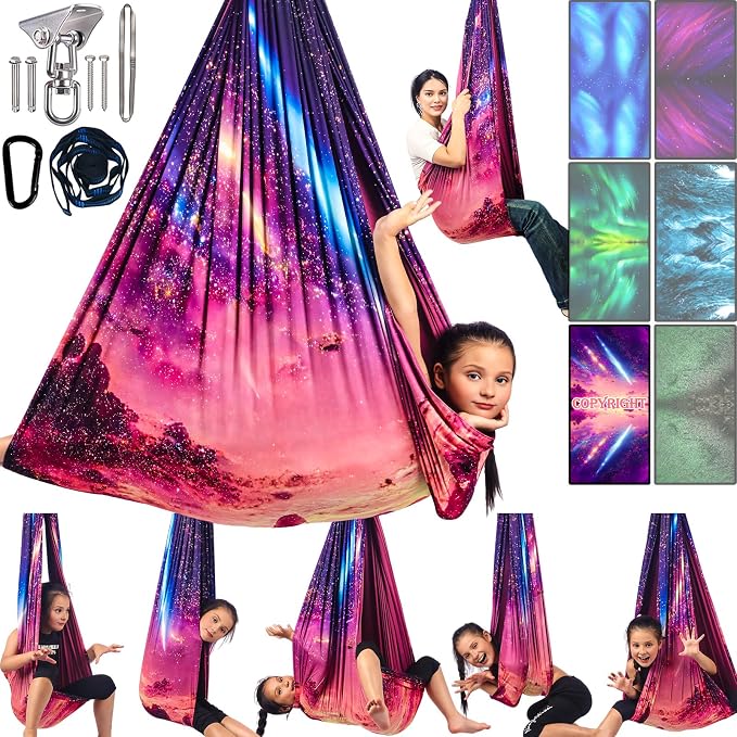 Sensory Swing for Kids & Adults Holds up to 300lbs Indoor & Outdoor Double Layer Therapy Cuddle Swing with 360° Swivel Hanger Kit for Calming, Effect for Autism, ADHD or SPD. (Fantasy Pink)