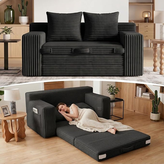 Boneless Loveseat Sofa Bed, Tri-Folding Convertible Futon Sleeper with Handle & Side Pockets, 54'' Boneless Couch with Hook and Loop No Assembly for Small Space,Living Room & Bedroom