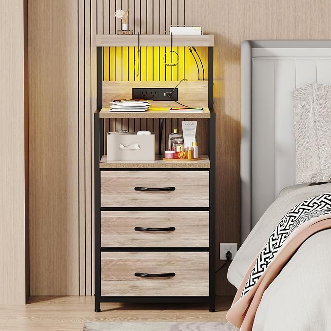 SZLHANJZ Night Stand with Charger Station, 3 Drawers Nightstand with Storage and LED Lights, Shelves, and Hooks, Bed Side End Table for Bedroom Dorm, Greige