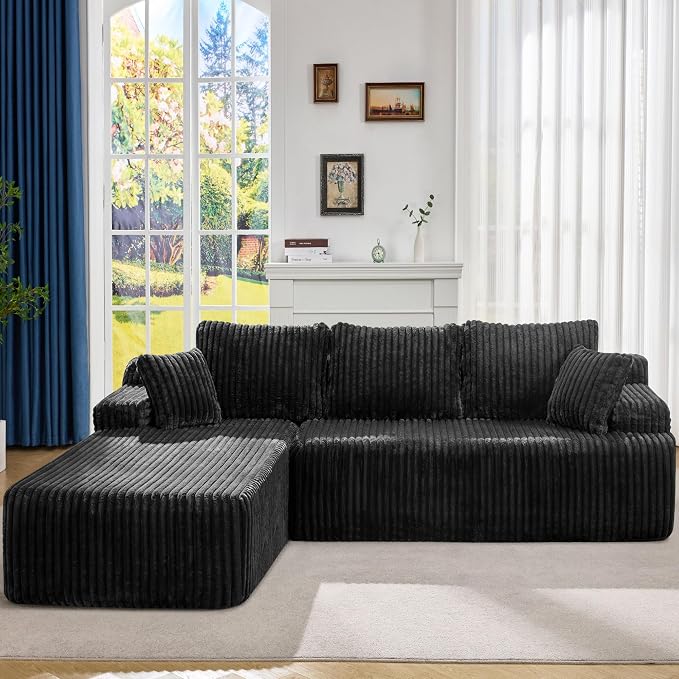 Hobestluk Boneless Couch Modular Sectional Sofa L-Shape Oversized Chaise | 108" Left Facing Chaise Black,Memory Foam,Removable Cover,Non-slip Bottom,No Assemble Required,Living Room Furniture
