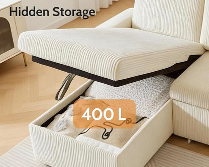 WEUP 82" L Shaped Sectional Sleeper Sofa Bed with Pull Out Bed, Sectional Sleeper Couch Pull Out Couch with Reclining Backrest/Reversible Storage Chaise/USB Ports/Tool-Free Assembly, Corduroy Beige