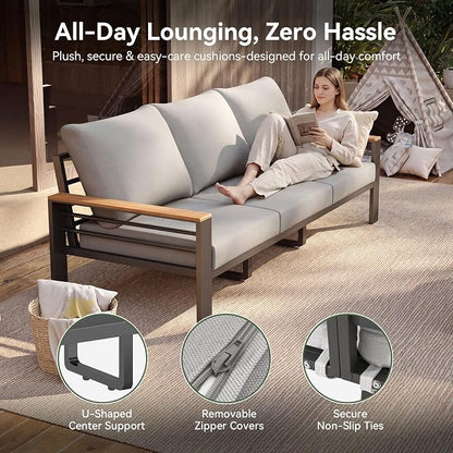 Aoxun Patio Furniture Set, Aluminum Patio Set with Fire Pit Table and 5" Thicken & Washable Cushion, Waterproof Outdoor Furniture, Outdoor Couch Sectional for Backyard (7 Seats/F, Grey)