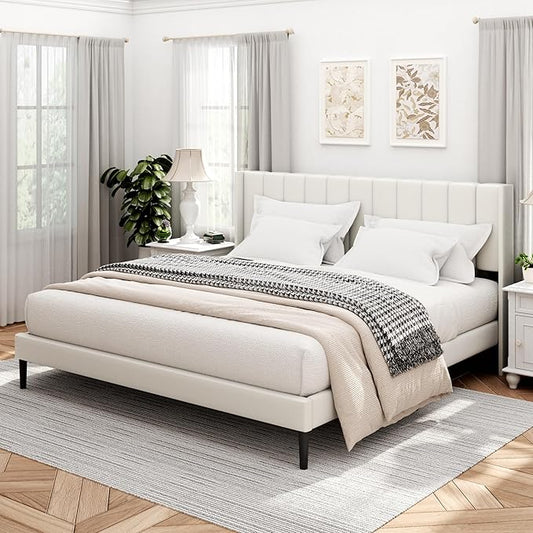 Sismplly King Size Bed Frame and Headboard,Vertical Channel Tufted Wingback No Box Spring Needed, Mattress Foundation, Easy Assembly White