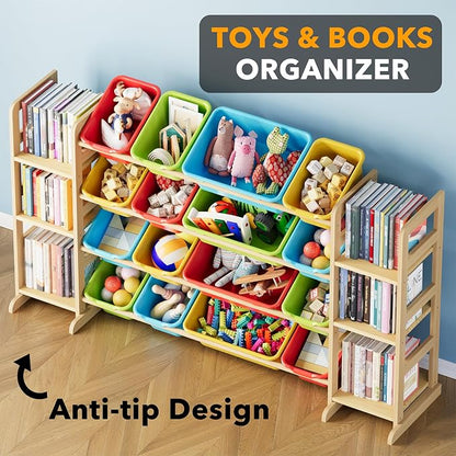 SpaceAid Toy Storage Organizer with 6 Shelves and 16 Bins, Toy Organizers Storage Bookshelf, Kids Bin Shelf Toys Box Bookcase for Bedroom Playroom Organization Room Decor, Multi-Colored