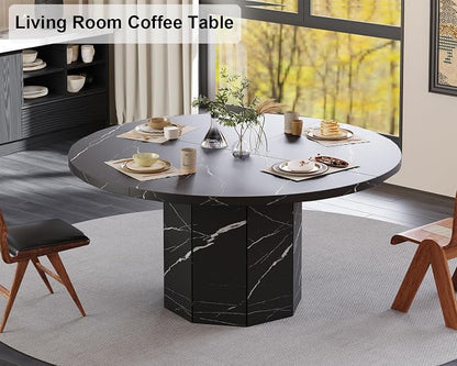 HSH Round Dining Table for 4-6 People, 47” Black Faux Marble Kitchen Table only, Modern Wooden Dinner Table for Living Dining Room with Octagon Base, Black Faux Marble, 47 Inch