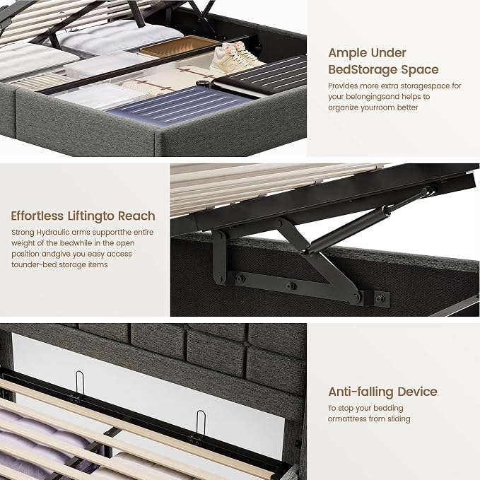 Driftalia Lift Up King Size Bed Frame with Storage, Upholstered King Bed Frame with Charging Station and LED Lights Headboard, No Box Spring Needed, Easy Assembly - Dark Grey