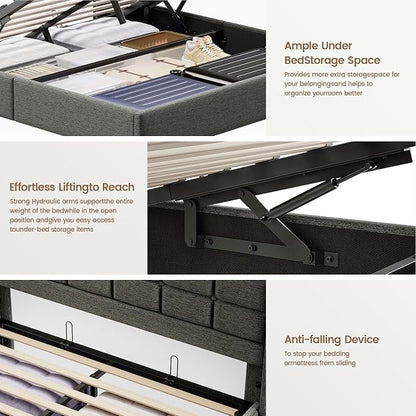 Driftalia Lift Up Full Size Bed Frame with Storage, Upholstered Full Bed Frame with LED Lights Headboard and Charging Station, No Box Spring Needed, Easy Assembly - Dark Grey