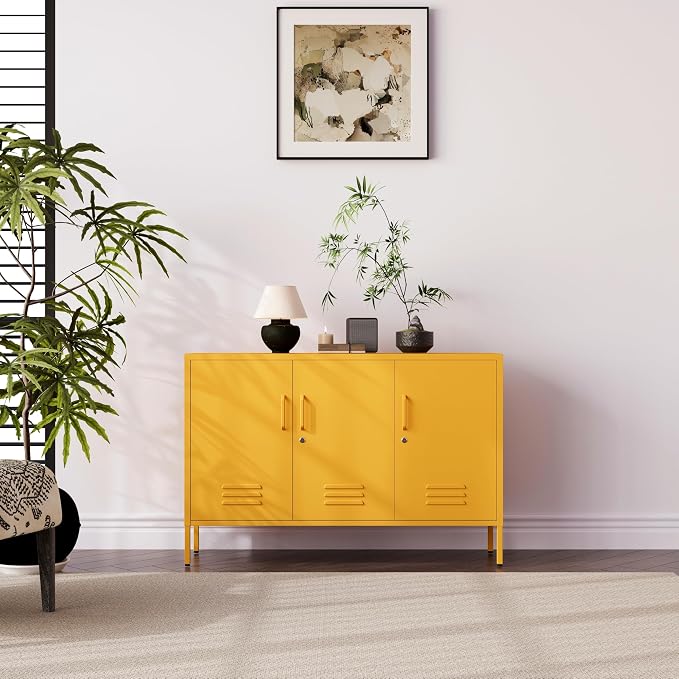 32" Wide 3-Door Lockable Metal Storage Cabinet with Accent Cabinet Locker, Heavy Duty Home Tool Cabinet, 2 Removable Shelves & Easy Assembly, for Home, Office, Entryway and Hallway Yellow