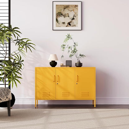 32" Wide 3-Door Lockable Metal Storage Cabinet with Accent Cabinet Locker, Heavy Duty Home Tool Cabinet, 2 Removable Shelves & Easy Assembly, for Home, Office, Entryway and Hallway Yellow