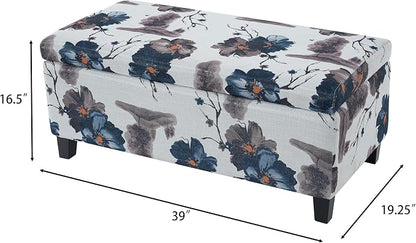 Christopher Knight Home Nesbit Living Room Ottoman with Storage, Entryway Fabric Upholstered Storage Ottoman Bench, Rectangular Sofa Foot Stool, Bedroom End of Bed Bench, Blue Flower+White