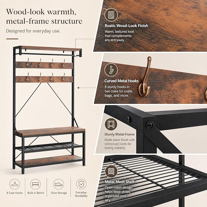 Hall Tree with Bench and Shoe Storage, Entryway Bench with Coat Rack, 3-in-1 Mudroom Organizer with 8 Hooks, Freestanding Industrial Storage Rack for Hallway, Rustic Brown