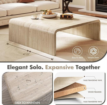 Hyfirm Modern Boho Faux Marble Coffee Table, 47" Travertine Pattern Waterfall Rectangular Center Table in a Scandinavian Style for Living Room with Sturdy Wood Frame, Thick Legs & Easy Assembly