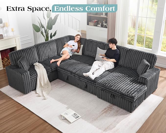 VanAcc 130" Sofa Bed, Sectional Sleeper Sofa with Pull Out Bed, Sleeper Couch for Living Room, 6 Seater Couch with Storage, Faux Fur Dark Grey