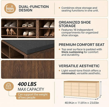 Shoe Rack Bench, Shoe Storage Bench with Cushion, Shoe Organizer 16 Cubbies for Entryway Hallway Bedroom Living Room, Holds Up to 400lbs
