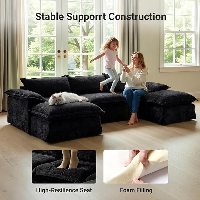 Claiks 123" Modular Boneless Couch, L Shaped Couch for Living Room, Modern Deep Seat Sofa 3 Seater Chenille Fabric Comfy Cloud Couches with Movable Ottoman, Black