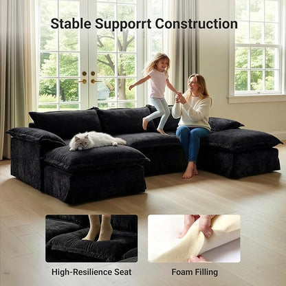 Claiks 123" Modular Boneless Couch, L Shaped Couch for Living Room, Modern Deep Seat Sofa 3 Seater Chenille Fabric Comfy Cloud Couches with Movable Ottoman, Black