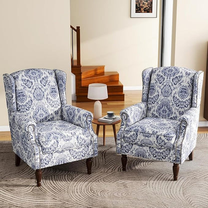 High Back Accent Chairs Set of 2, Fabric Wingback Chair Floral Upholstered Armchair for Living Room, Retro Comfy Single Sofa Bedroom Reading Seat with Solid Wood Legs - Navy
