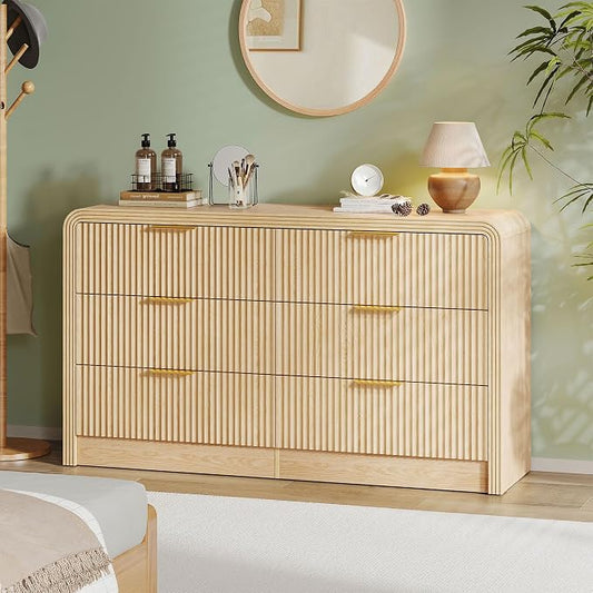 Decofy Fluted Drawers Dresser for Bedroom, Wood Dressers with Gold Handles, Modern Dressers with Wave Texture, Large Storage Chest of Drawers, Bedroom Dresser Organizer 55'' & 6 Drawers (Natural Oak)