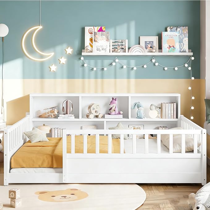 Bellemave Kids Montessori Floor Bed Full Size,Floor Bed Frame with Bookcase and Fence for Kids Boys Girls,White