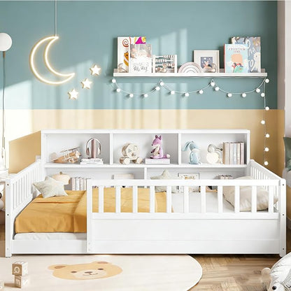 Bellemave Kids Montessori Floor Bed Full Size,Floor Bed Frame with Bookcase and Fence for Kids Boys Girls,White