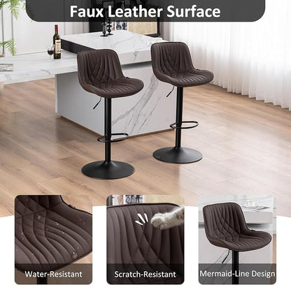 YOUTASTE Bar Stools Set of 2, Adjustable Swivel Counter Height Barstools with Back, Brown Faux Leather Upholstered Bar Chairs with Metal Base, Stools for Kitchen Island or Home Bar