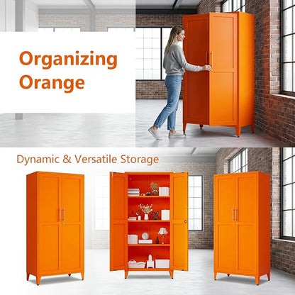 61" Tall Farmhouse Metal Storage Cabinet, Kitchen Pantry Storage Cabinets with 2 Barn Door and 3 Adjustable Shelves, for Home, Office, Kitchen, Laundry Room, Kids Room, Entryway, Orange