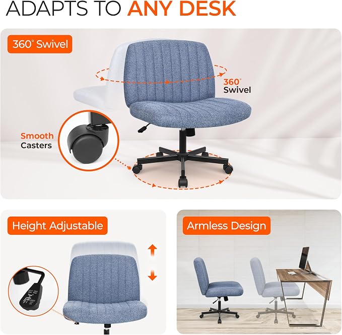 Orange Factory Criss Cross Chair Wheels Wide Cross Legged Office Desk Vanity Chair Comfy Fabric Armless Adjustable Swivel for Home Computer Task (Blue Wheel, Fabric)