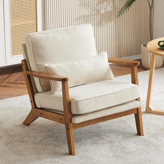 Karl home Mid-Century Lounge Accent Chair, Beige | Wide Curved Armrest, Linen Fabric, Lumbar Pillow Included, Solid Wood Frame, For Living Room, Bedroom, Balcony, Apartment
