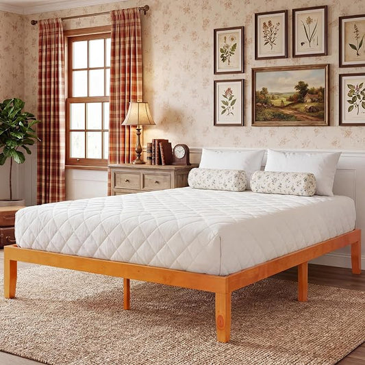 Sweetcrispy Full Size Bed Frame 14 inch Heavy Duty Platform Bedframe, 1000 lbs Capacity, Underbed Storage, No Box Spring Needed, Wooden Slats, Easy Assembly with Velcro, Honey Finish