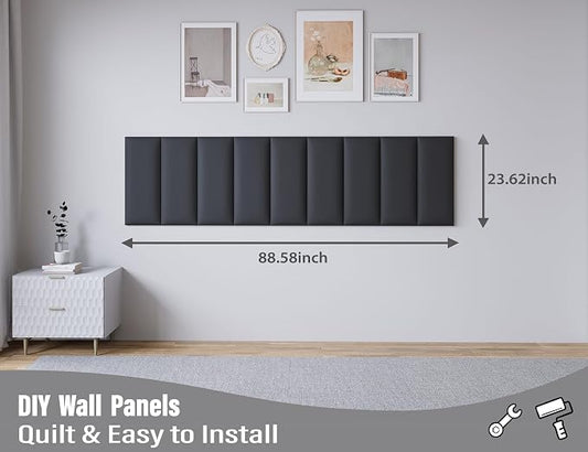 Peel and Stick Upholstered Wall Mounted Headboard Queen Size, 9 Panels 3D Soundproof Leather Headboard,Wall Mounted Headboards,Reusable and Removable Wall Panels, 10"x24" Black